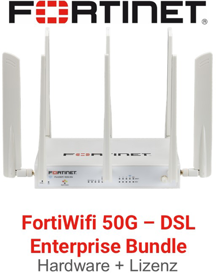 Fortinet FortiWiFi 50G DSL Firewall Hardware + Enterprise Protection Lizenz Vorderseite
